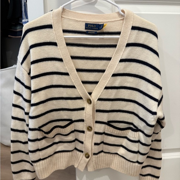 Polo Ralph Lauren Sweaters - Polo by Ralph Lauren Cream and Navy Striped V-Neck Cardigan